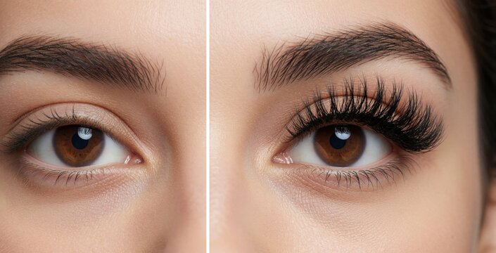 Macro close up of female eyes showing before, after lash extension treatment. Young woman natural brown eyes on left, thick volume false lashes on right. Pro beauty procedure improves look with long