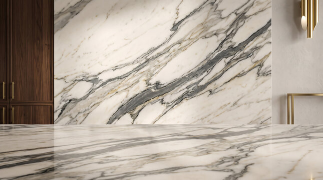 Close up of polished white marble countertop with grey and gold veining, featuring a matching marble wall backsplash and dark wood cabinetry in a kitchen interior
