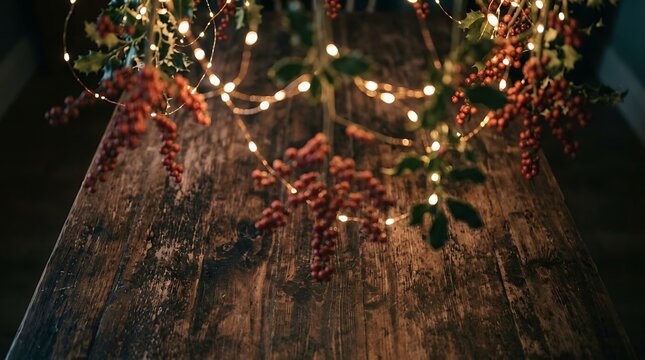 Dark rustic wooden table surface decorated with holly branches and glowing string lights for a cozy holiday atmosphere and festive mood