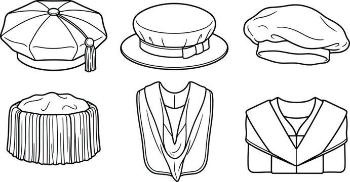 Academic Graduation Regalia Icon Set Featuring Tam Bonnet Beret Doctoral Hood and Academic Gown Line Art Symbols for University Convocation Designs