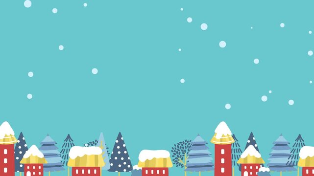 雪が降る冬の町並みとクリスマスのアニメーション背景_水色背景