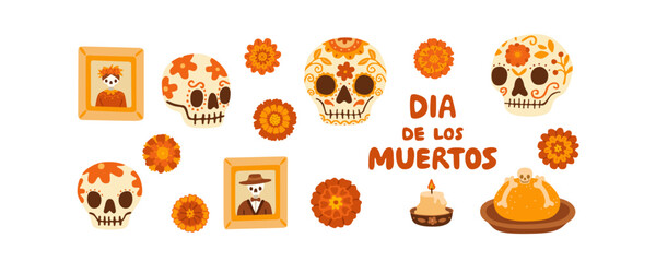 Obraz premium Dia de los Muertos collection set. Sugar skull, marigolds, ancestor portraits and traditional Mexican Pan de Muerto bread with skull and bones. Hand drawn text lettering. Flat vector illustration.