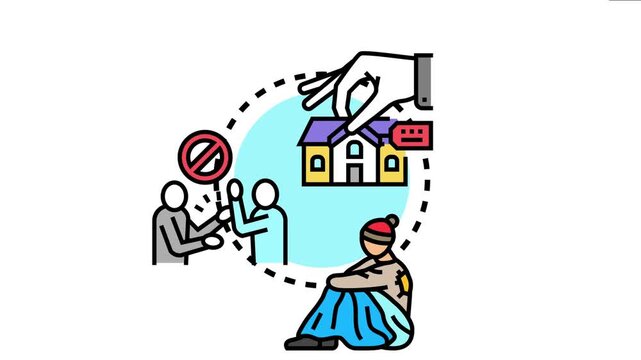 Organization hand delivering keys to a house, symbolizing relief and support for an unhoused person, while a community debates issues, embodying social responsibility and welfare initiatives