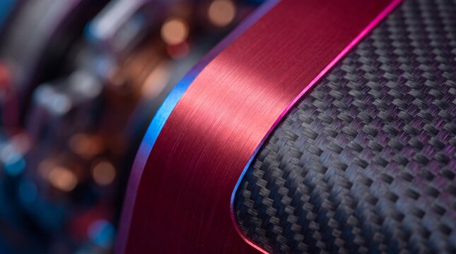 Extreme close up of woven carbon fiber and brushed red metal