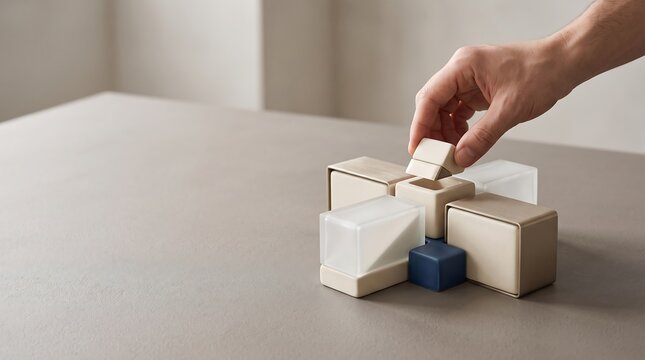 Hand placing a modular block on a miniature structural model on a gray surface