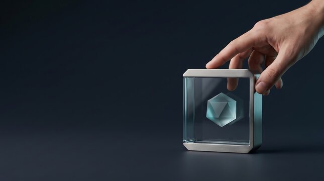 Hand touching a geometric crystal shape enclosed within a glass display cube