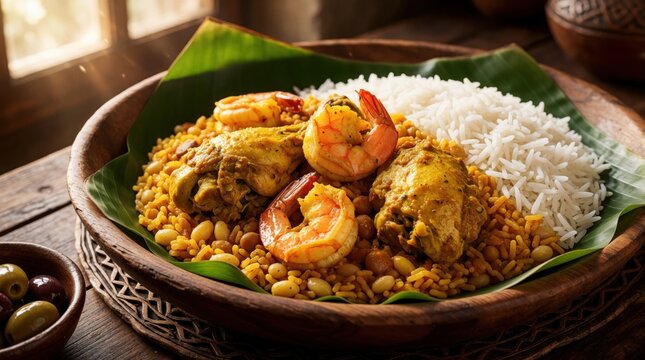 Traditional Moroccan Rfissa dish served in wooden bowl with chicken, shrimp, rice, lentils. Spiced poultry, seafood meal on banana leaf with yellow grains. Authentic middle eastern food for Eid al