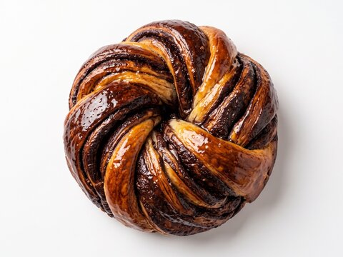 Overhead shot of freshly baked circular chocolate swirl brioche pastry cake isolated directly above on plain white background.