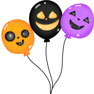 Vector illustration of three Halloween themed balloons with jack o lantern faces on white background