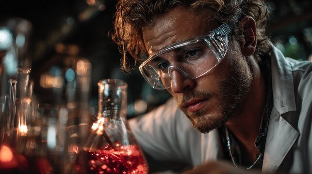 Dark medical laboratory with scientist studying compound, glowing red chemical vial, cinematic lighting, ultra realistic science research environment with dramatic shadows and high detail.