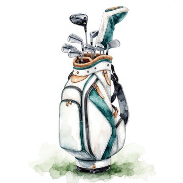 Watercolor art of golf bag with clubs. Pro sport equipment set isolated on white background. Hand drawn illustration shows golf gear for hobby competition. Luxury accessories for player include