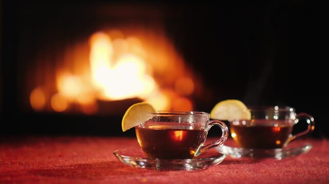 Two cups of steaming hot tea with lemon slices on a red tablecloth, cozy fire burning in the background providing warmth and glow.