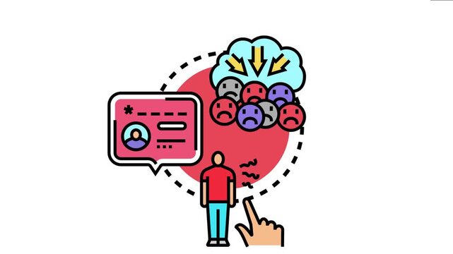 Person standing with a thought bubble above their head filled with sad emoji faces and arrows pointing down. Representing self criticism and poor self esteem