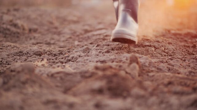 Close-up footage of person's feet in rubber boots walking on muddy ground.
