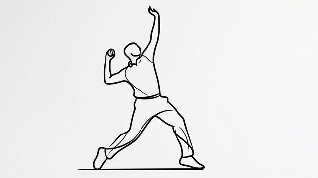 Pro male athlete throws ball with intense power, energy. Dynamic line art illustration shows sportsman in motion during competition. Active man performs strong movement, training for victory, showing