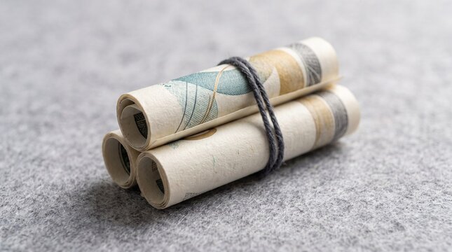 Stack of rolled patterned paper tied with string on a grey textured surface
