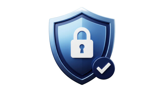 Three dimensional blue shield icon with a white padlock and a checkmark symbolizing security and protection isolated on transparent background
