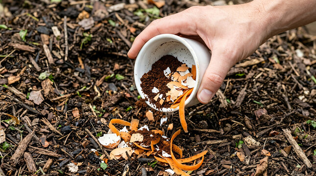 Person adding organic kitchen waste to a compost pile in the garden.