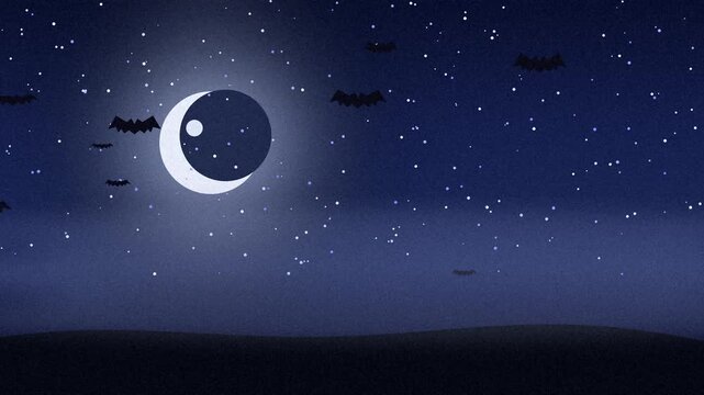Halloween animated background loop with crescent moon, flying bat silhouettes, twinkling stars and drifting fog