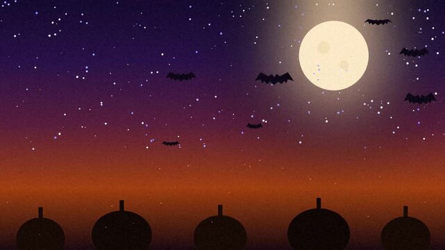 Halloween animated background loop with glowing purple orange night sky, full moon, drifting bats and rising embers