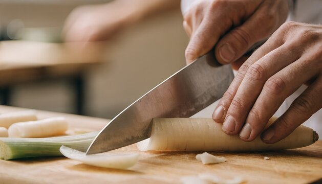 Chef demonstrating knife skills during a cooking masterclass, hands slicing fresh vegetables on a wooden cutting board, advertising banner for cooking school website, online culinary masterclasses