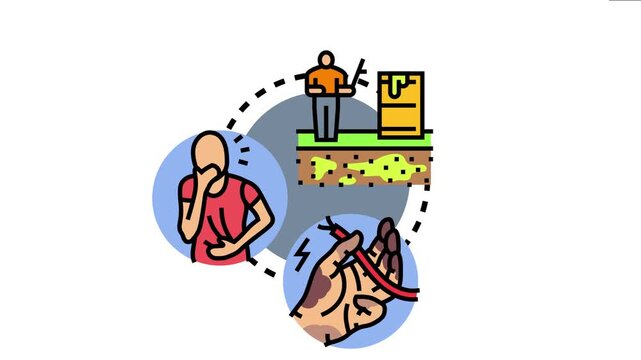 Illustrated concept showing dangers from hazardous waste contamination leading to an injured person experiencing health problems and another person suffering an electrical shock