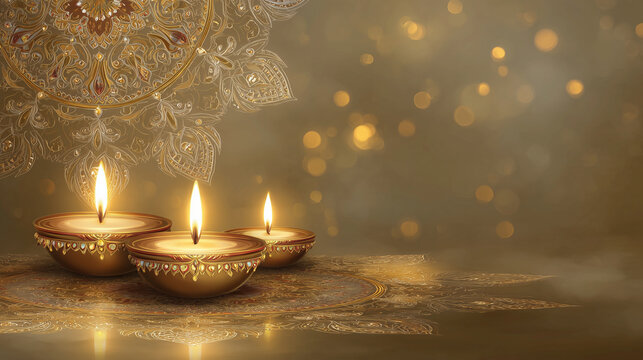 luxurious gold Indian Diwali decorative background with glowing lights, subtle floral ornaments and diyas, large clean copy space, photorealistic commercial background, no text