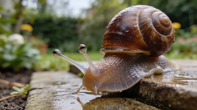 Close up view of a garden snail moving slowly over a wet stone surface in a green backyard