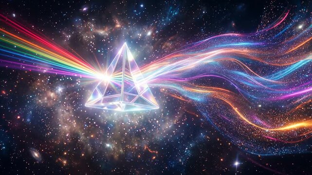 Crystal pyramid refracting a beam of rainbow light into colorful energy waves across a starfield