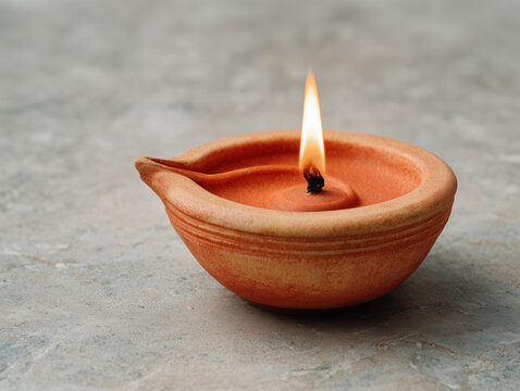single simple terracotta diya on a clean neutral stone surface, warm flame, minimalist Indian Diwali concept, soft studio lighting, premium photorealistic stock photography, no text