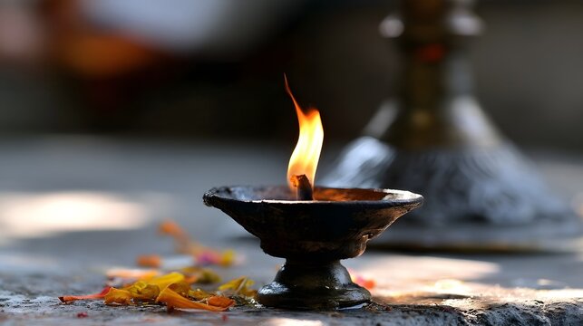 A small oil lamp with a single flame burns brightly  surrounded by scattered flower petals on a stone surface