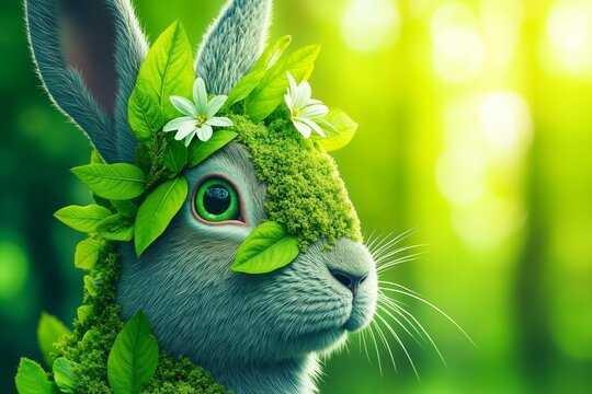 A rabbit with a green hat with flowers on its head