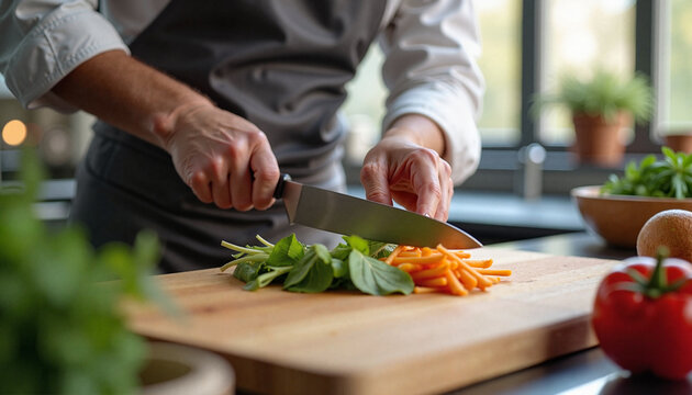 Chef demonstrating knife skills during a cooking masterclass, hands slicing fresh vegetables on a wooden cutting board, advertising banner for cooking school website, online culinary masterclasses