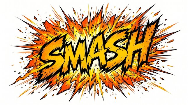 Comic book style explosive smash word illustration with dynamic orange and yellow background.
