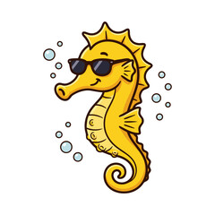 Yellow seahorse cartoon character wearing sunglasses with bubbles isolated © Rezy Dwi Prakastia