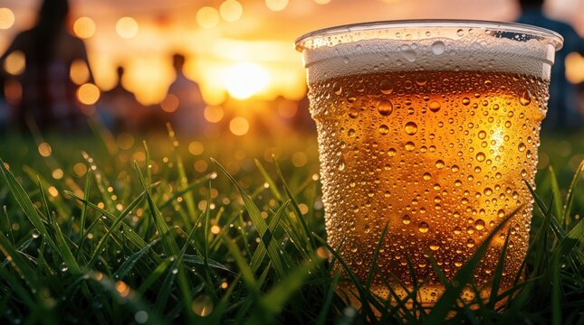 Cold amber drink with condensation droplets in plastic cup sits on green grass. Refreshing beverage stays chilled at outdoor summer party. Golden sunset light creates bokeh effect behind people
