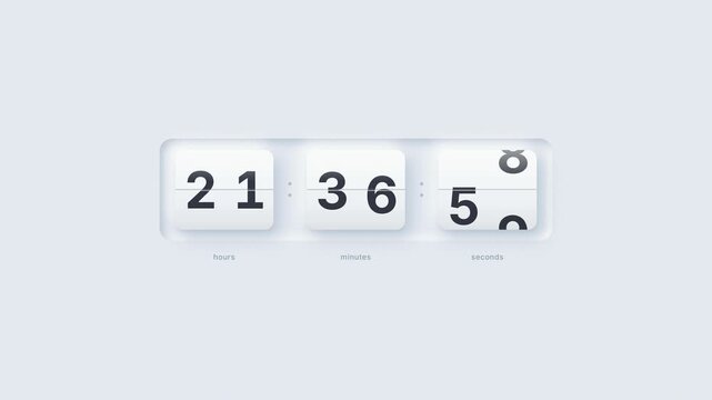 Neumorphic digital flip clock counter displaying twenty hours zero minutes and zero seconds on a clean white minimalist background with subtle shadows and elegant typography.