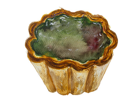 Matcha Egg Tart Watercolor Illustration Isolated on White Background for Bakery Menu and Culinary Art