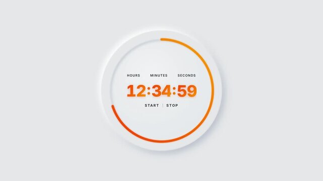 Neumorphic circular digital timer interface with glowing orange numbers on a white minimalist background displaying hours minutes and seconds for time tracking and UI design.