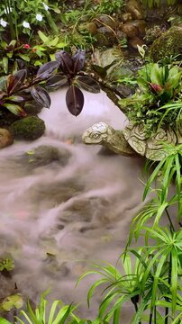 Smooth tracking shot of a stone turtle statue in a misty stream at Le Jardin D'Amour garden in Ba Na Hills, Da Nang, Vietnam