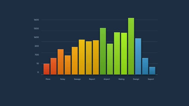 Vertical 3D bar chart animation featuring colorful gradient columns in orange yellow and green on a dark blue background with horizontal grid lines and numerical axis for statistics.