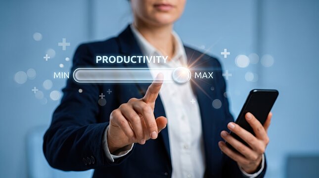Businesswoman holding smartphone while adjusting a glowing digital productivity slider to maximum level