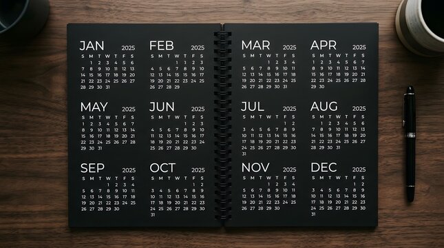 Large desk calendar displaying the months of the year with a contemporary black design in a bright workspace setting perfect for planning and organizing daily tasks and events