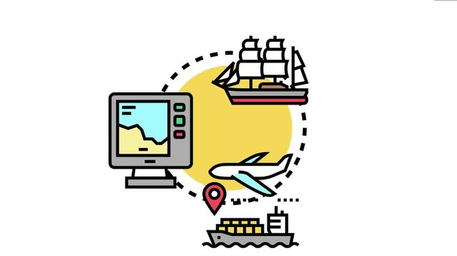 Illustration displaying a monitor with a map alongside various marine craft and an airplane, symbolizing global positioning and automatic identification system data for logistics