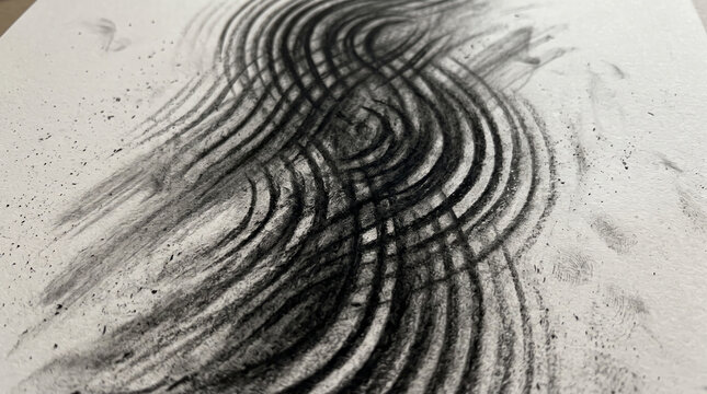 Abstract charcoal powder drawing on textured white paper showing dynamic concentric wave rings and expressive smudge strokes