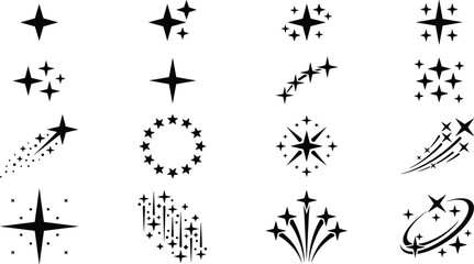Obraz premium Black Sparkle Star Vector Icon Set with Minimalist Twinkle Glint and Shooting Star Elements for Magic Festive Graphic and UI Designs