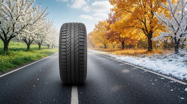 Black car tire stands on asphalt road dividing spring, winter seasons. Left side shows blooming trees, right side features autumn leaves, snow. Season vehicle wheel concept for year round driving