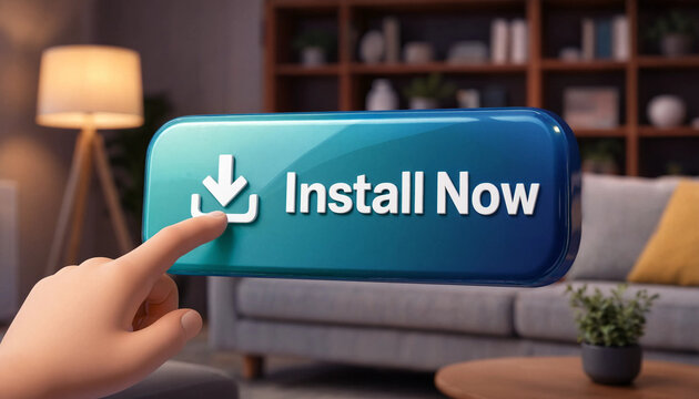 Hand pressing install now button with download icon in modern living room setting representing digital installation concept