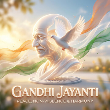 Gandhi jayanti banner design with marble statue and flying white dove
