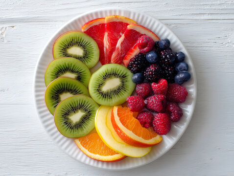 colorful fresh fruit plate featuring berries, kiwi, apple, orange and pear, clean minimalist composition, bright natural daylight, healthy nutrition concept, photorealistic stock food photography